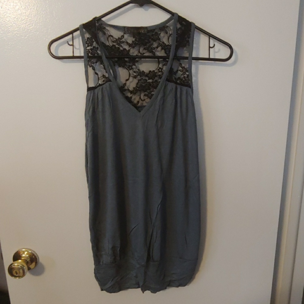 Black lace and blue tank top